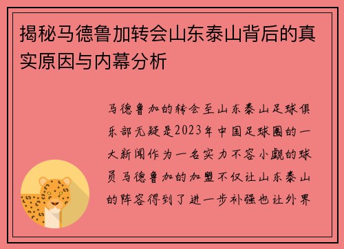揭秘马德鲁加转会山东泰山背后的真实原因与内幕分析